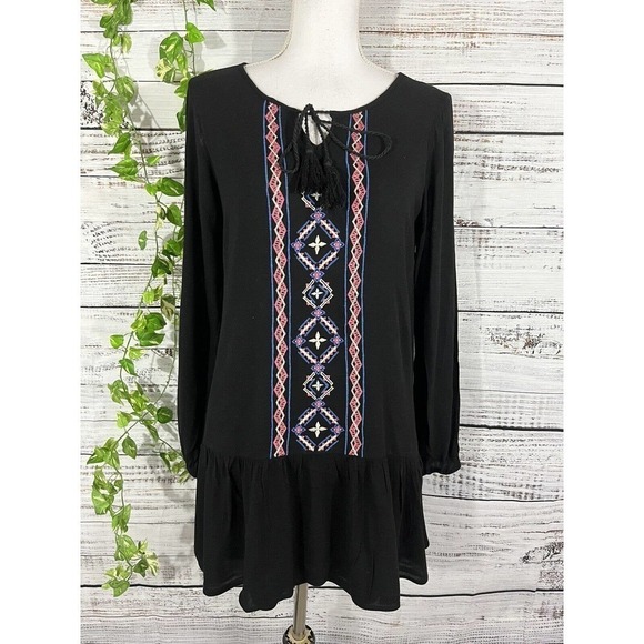 Flying Tomato Blouse Tunic sz Small Black Coral Lagenlook Embroidery Ruffle Boho - Picture 2 of 9